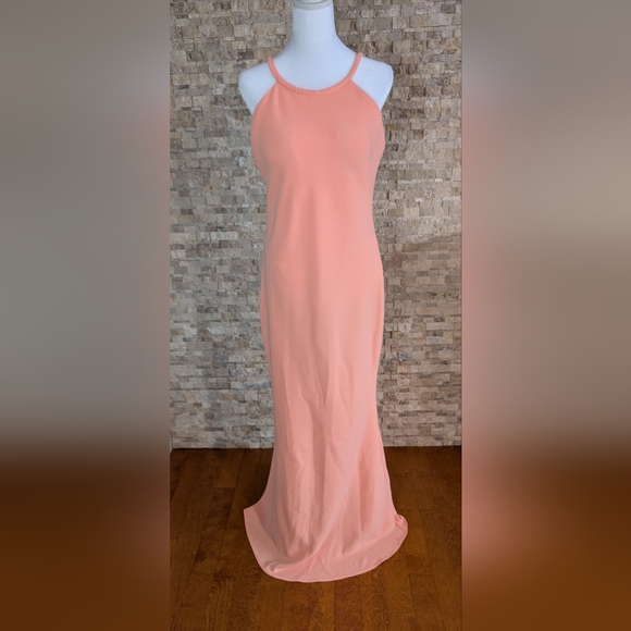 Calvin Klein Dresses & Skirts - Calvin Klein Sz 12 Formal Sheath Dress Gown High Neck Halter Peachy Coral Orange